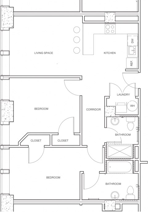 Floor plan for 2 beds, 2 baths, 929 sqft